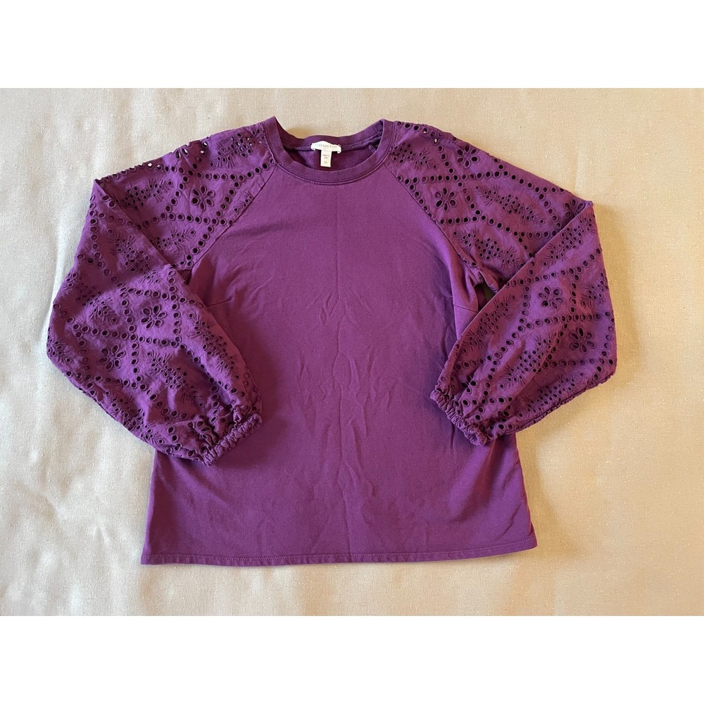 Garnet Hill Shirt Women's Size XS Purple Eyelet Balloon Sleeve Cottagecore BOHO